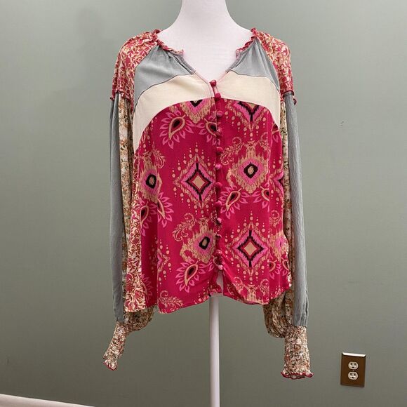 Oli & Hali Boho Patchwork Floral Blouse Button Front Top Womens Small - Picture 1 of 13
